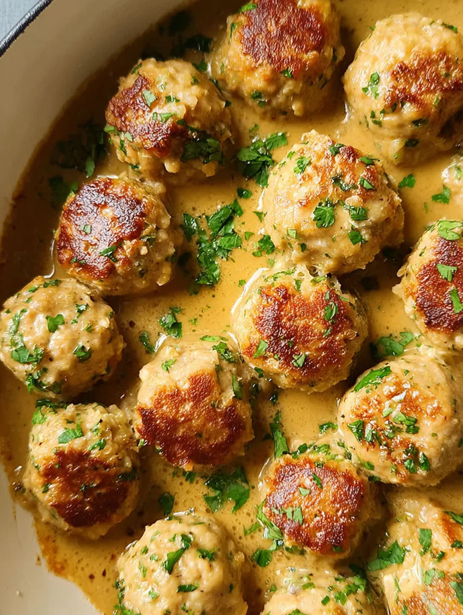 A bowl of meatballs in a creamy sauce.