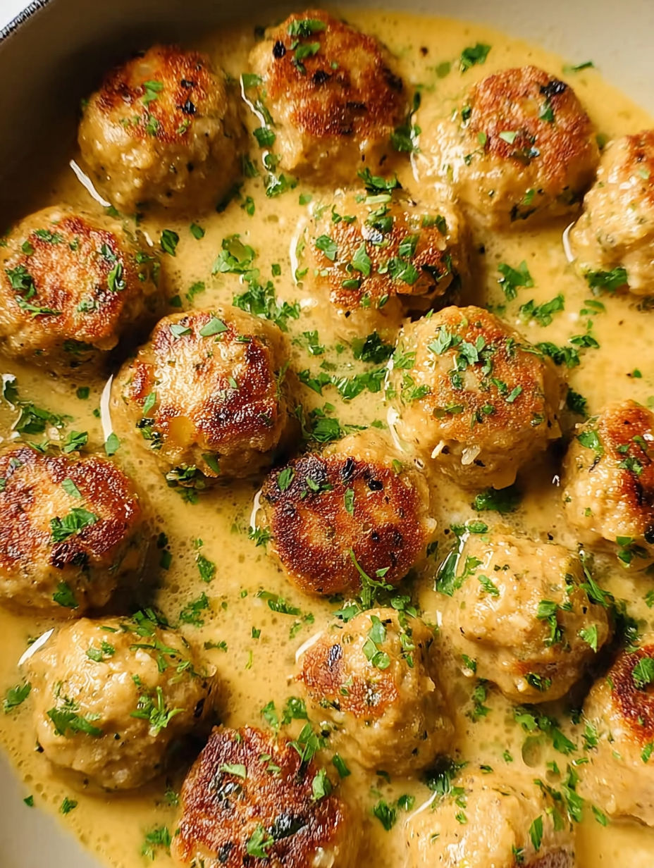Meatballs in a creamy sauce.