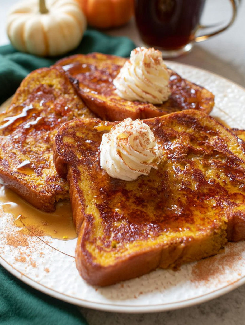 A plate of French toast with whipped cream and a pumpkin on top.