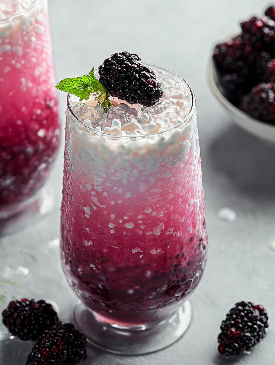 A glass of low-carb creamy blackberry Italian soda.