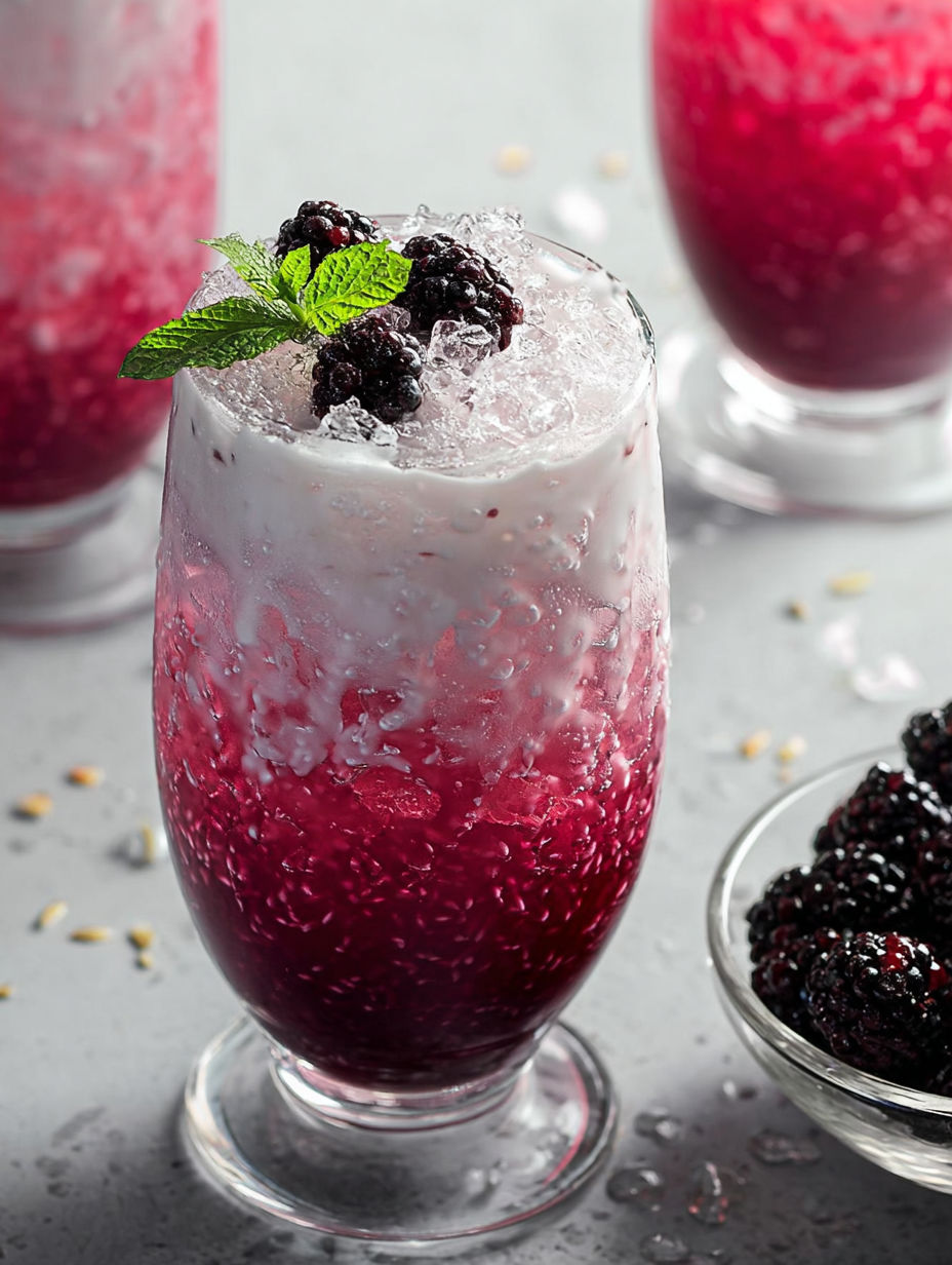 A glass of low-carb creamy blackberry Italian soda.