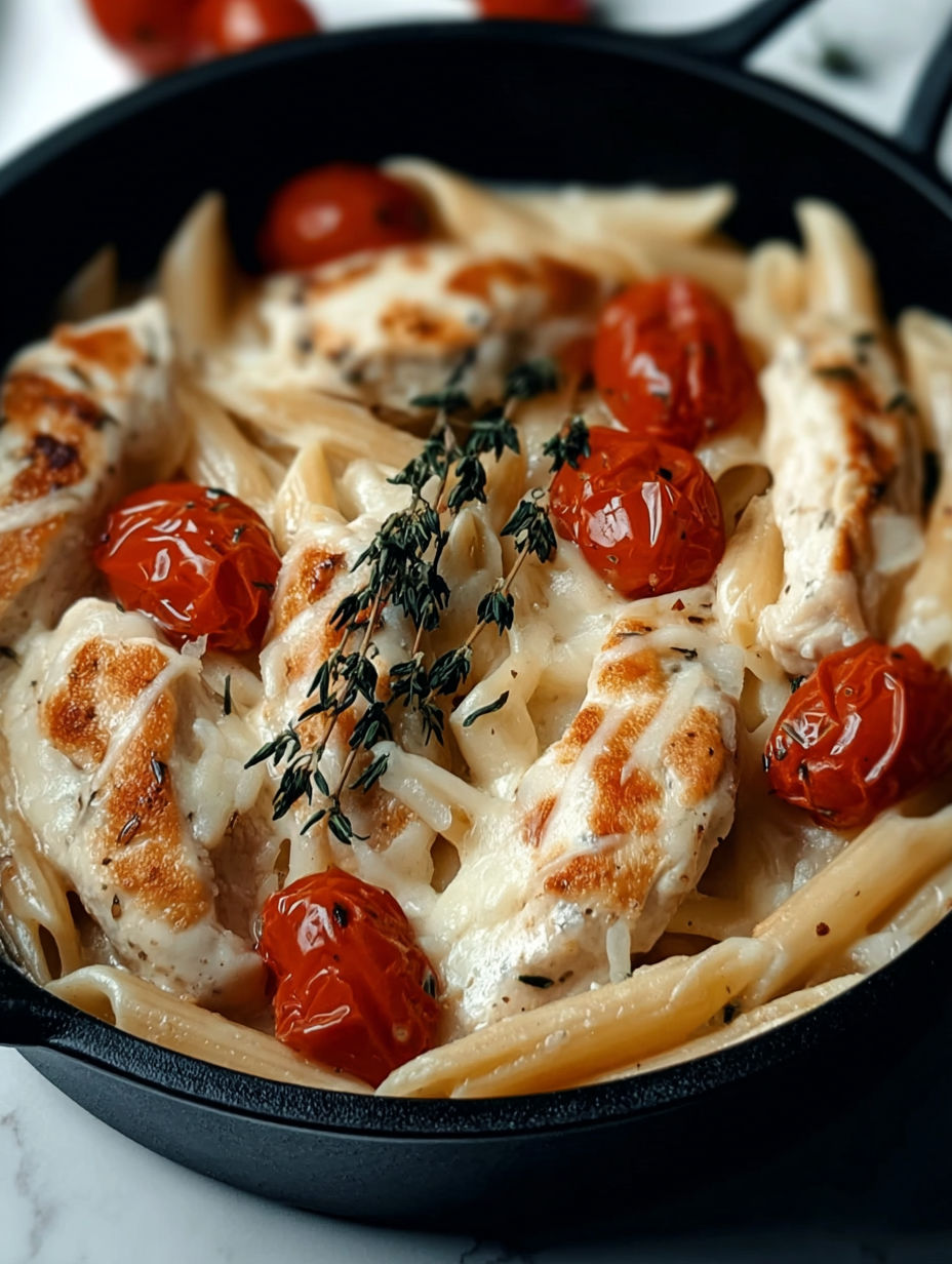 A dish of chicken, mozzarella, and pasta.