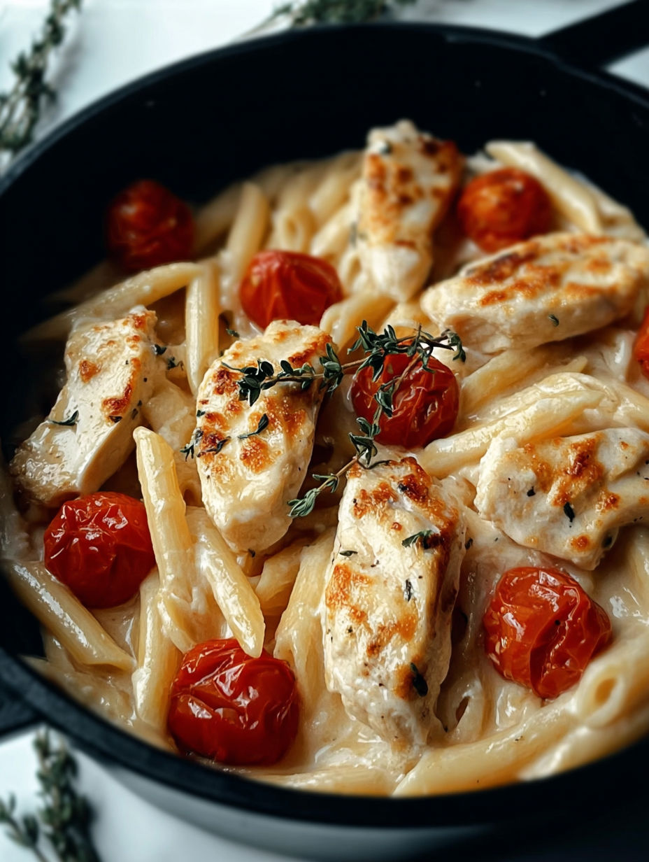 A bowl of chicken, mozzarella, and pasta.