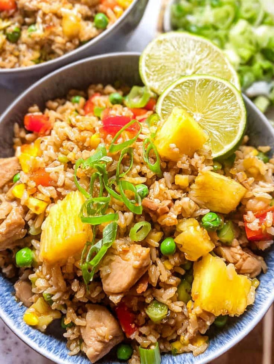 A bowl of rice with chicken and pineapple.