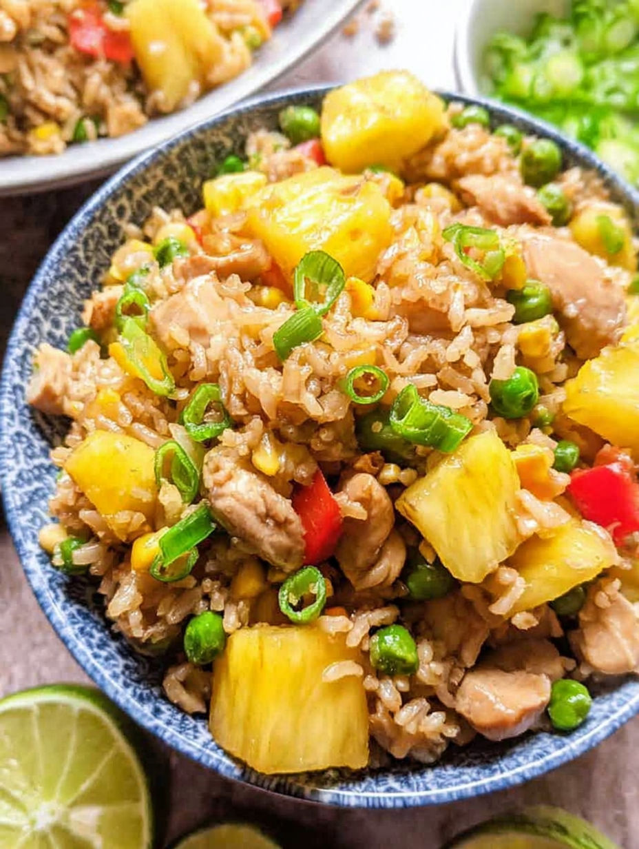 A bowl of pineapple chicken fried rice.