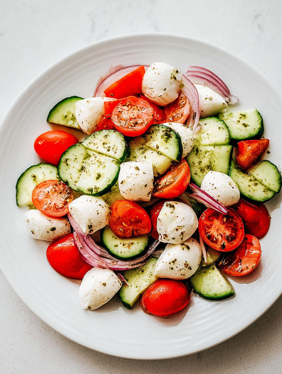 A white plate with a salad of tomatoes, cucumbers, and cheese.