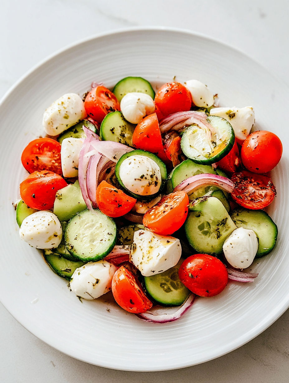A white plate with a salad of cucumber, tomato, and cheese.