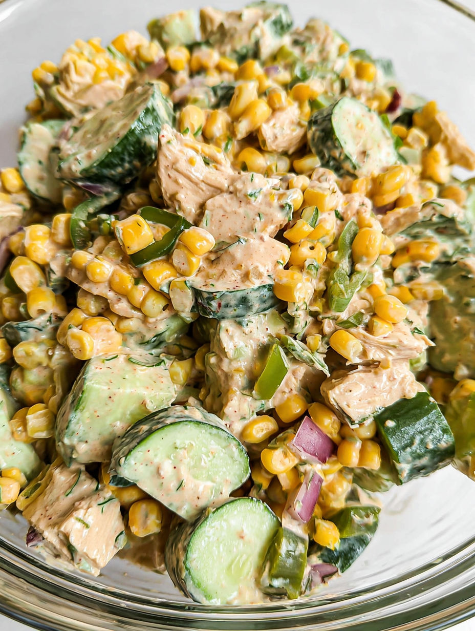 A bowl of food with corn, onions, and cucumbers.