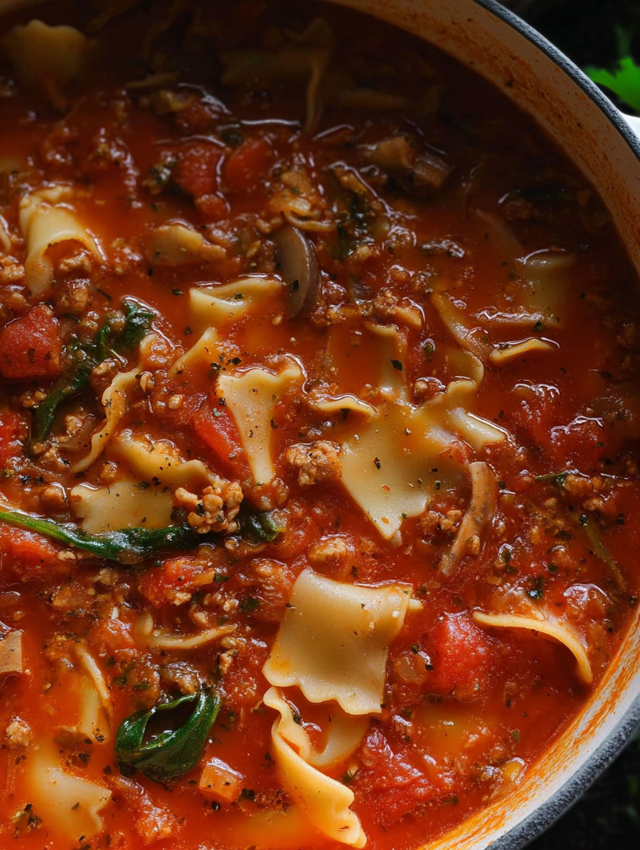 A close up of a pot of lasagna soup.