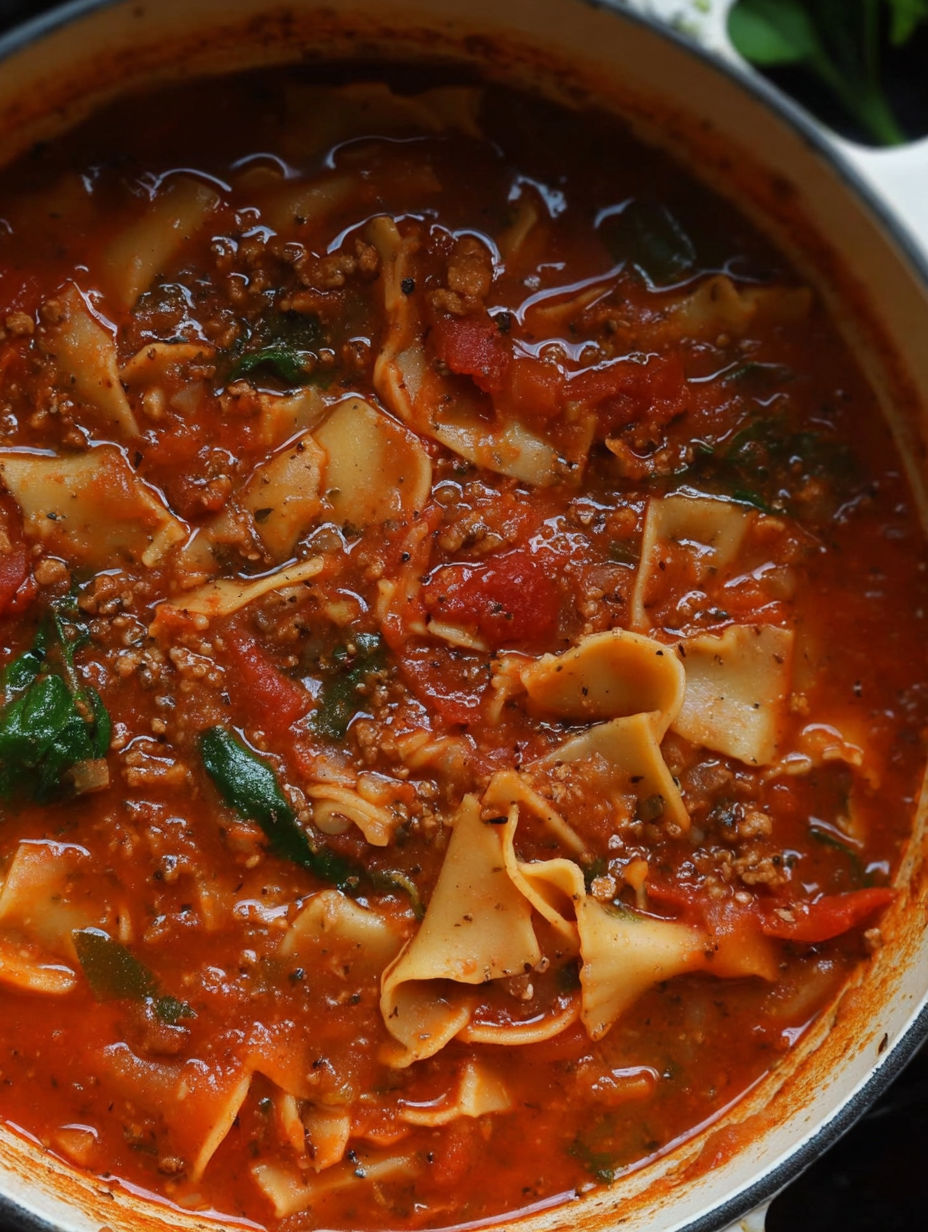 A close up of a pot of lasagna soup.