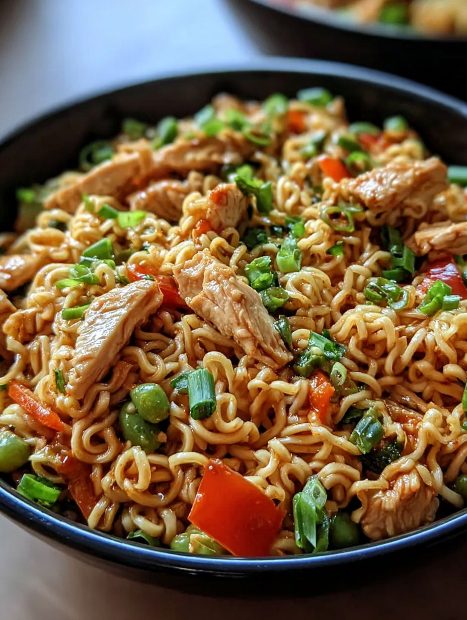 A bowl of chicken stir fry with noodles and vegetables.