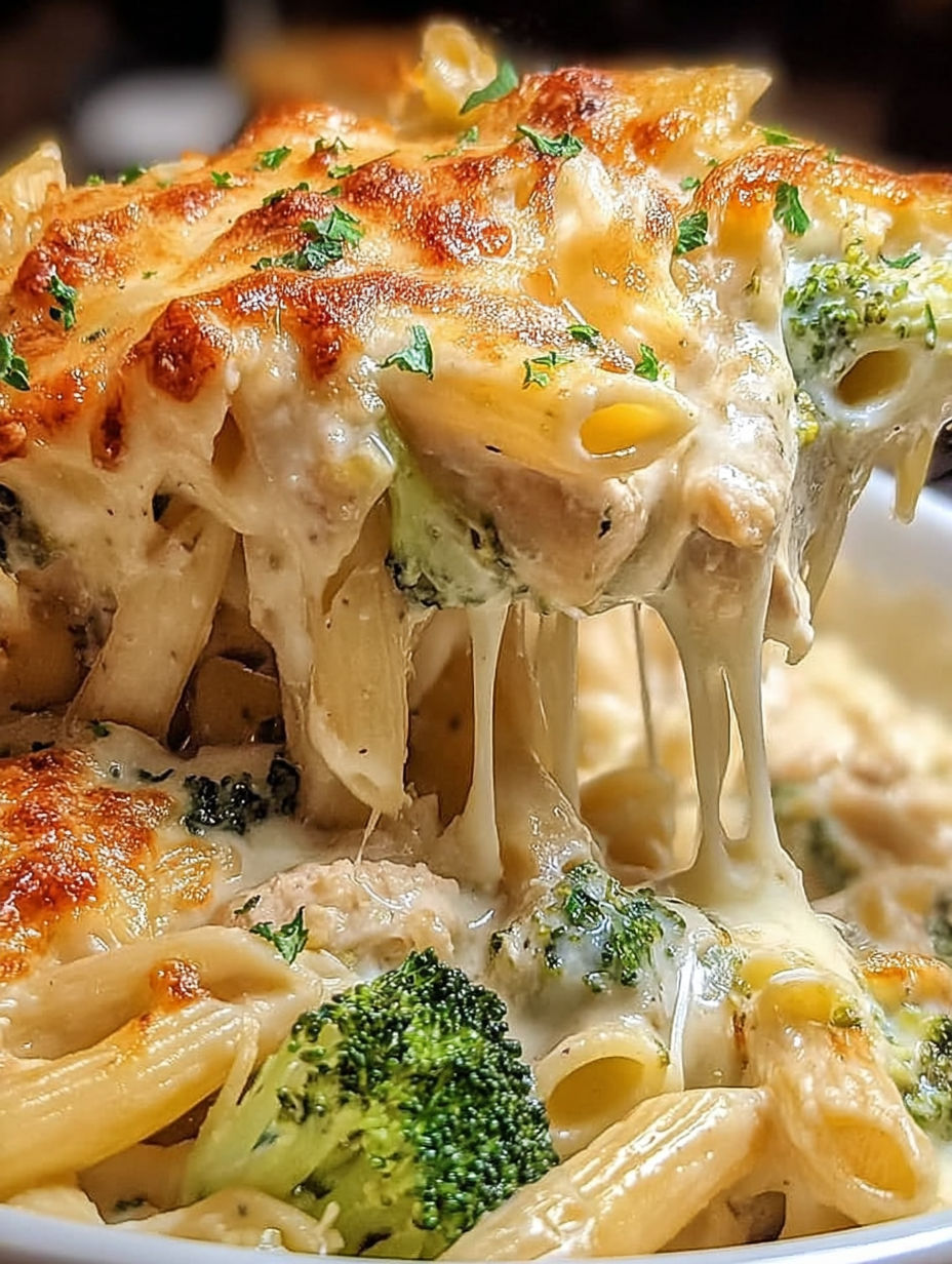 A close up of a chicken and broccoli Alfredo bake.
