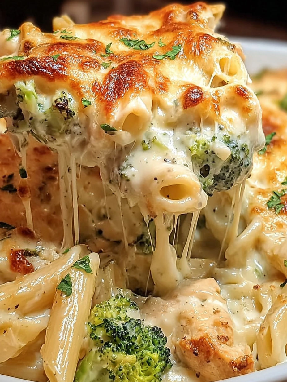 A close up of a chicken and broccoli Alfredo bake.