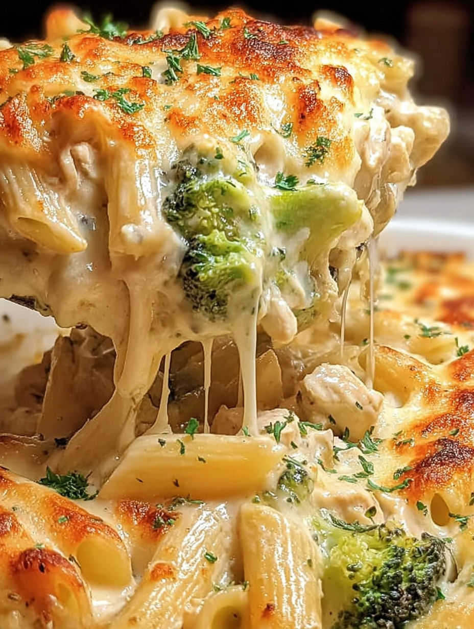 A close up of a chicken and broccoli alfredo bake.