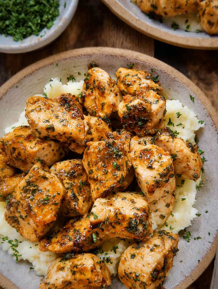 A plate of chicken bites with herbs and spices.
