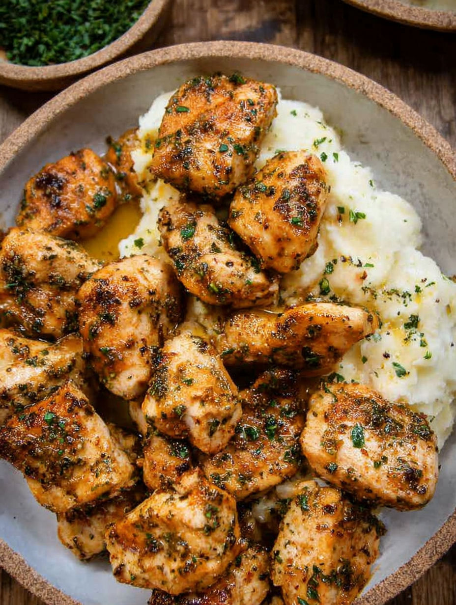 A plate of chicken bites with herbs and spices.