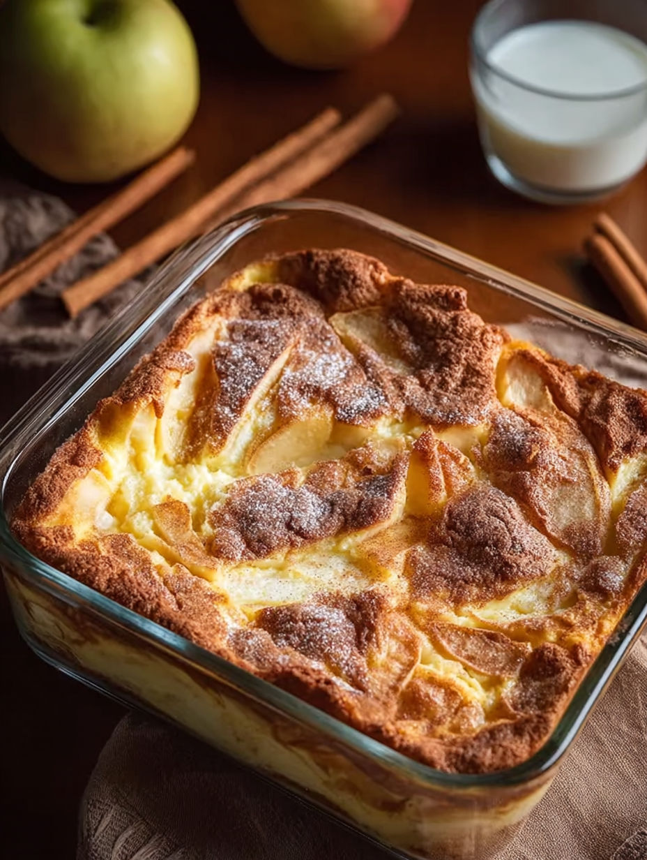 A glass dish filled with a cinnamon apple cottage cheese bake.