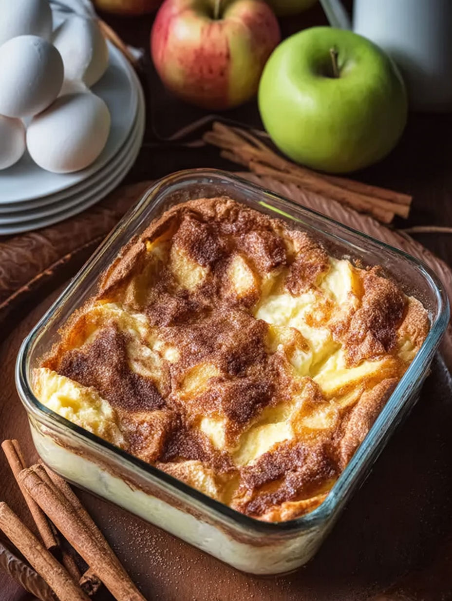 A glass dish filled with a cinnamon apple cottage cheese bake.