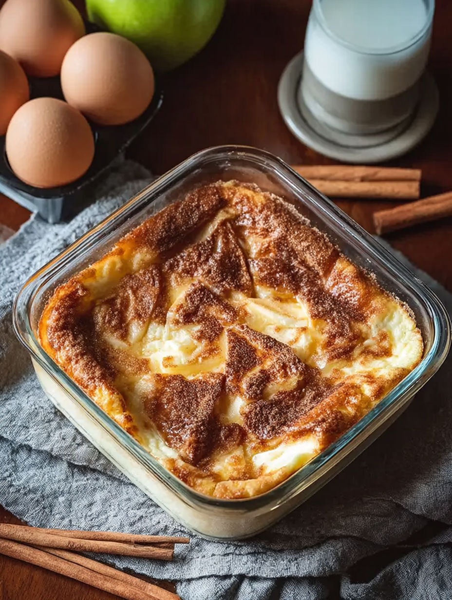A glass dish filled with a cinnamon apple cottage cheese bake.