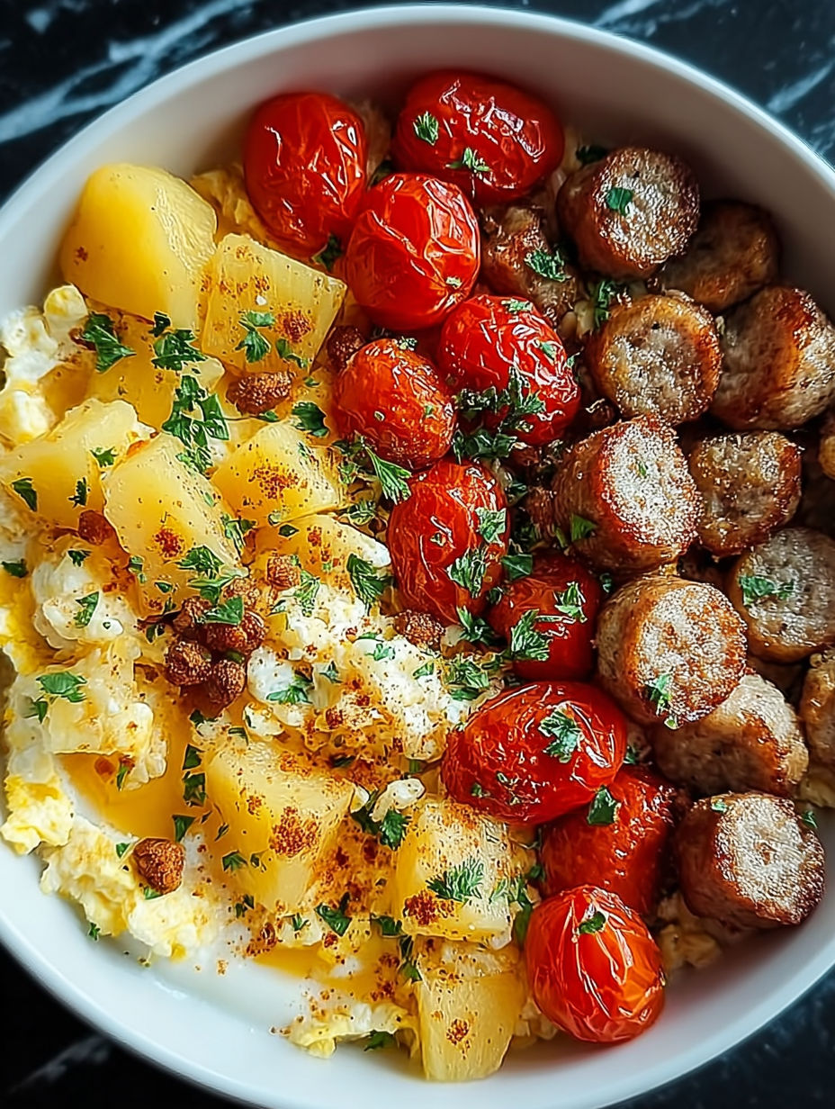 A bowl of food with tomatoes, sausage, potatoes, and eggs.