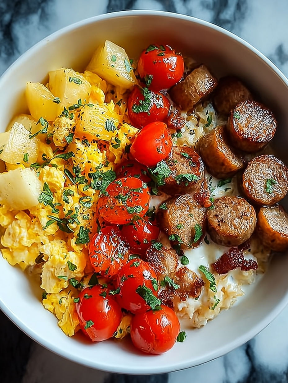 A bowl of food with tomatoes, sausage, potatoes, and eggs.