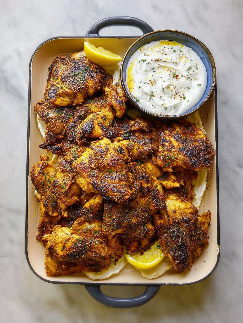 A dish of chicken shawarma with garlic white sauce.