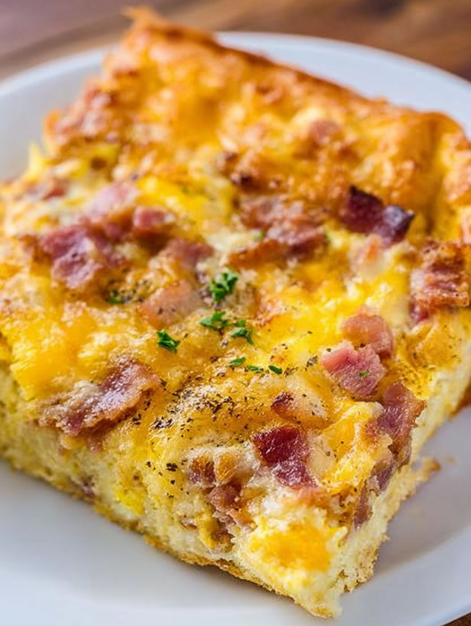 A slice of bacon and cheese casserole.
