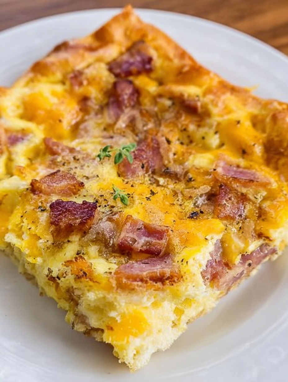 A slice of a breakfast casserole with bacon and cheese.