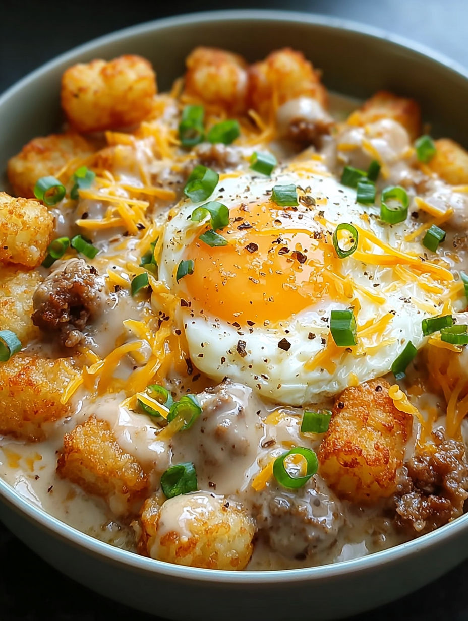 A bowl of tater tots with sausage gravy.