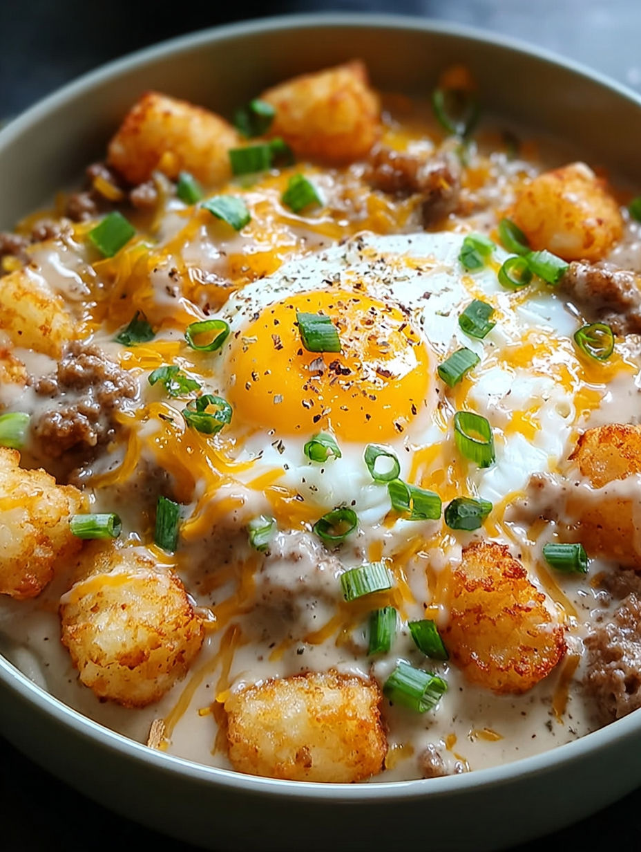 A bowl of tater tots with sausage gravy.
