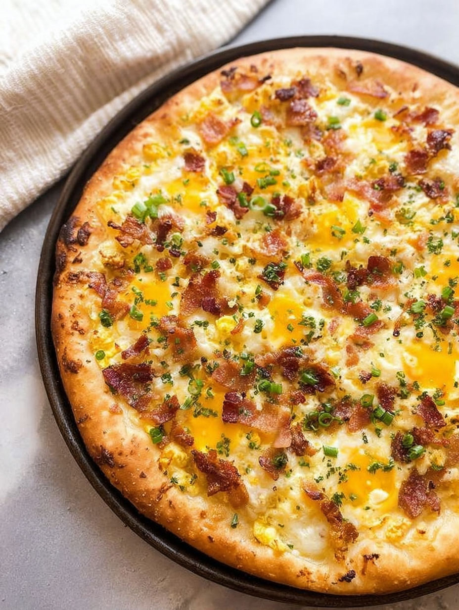 A breakfast pizza with bacon and cheese.