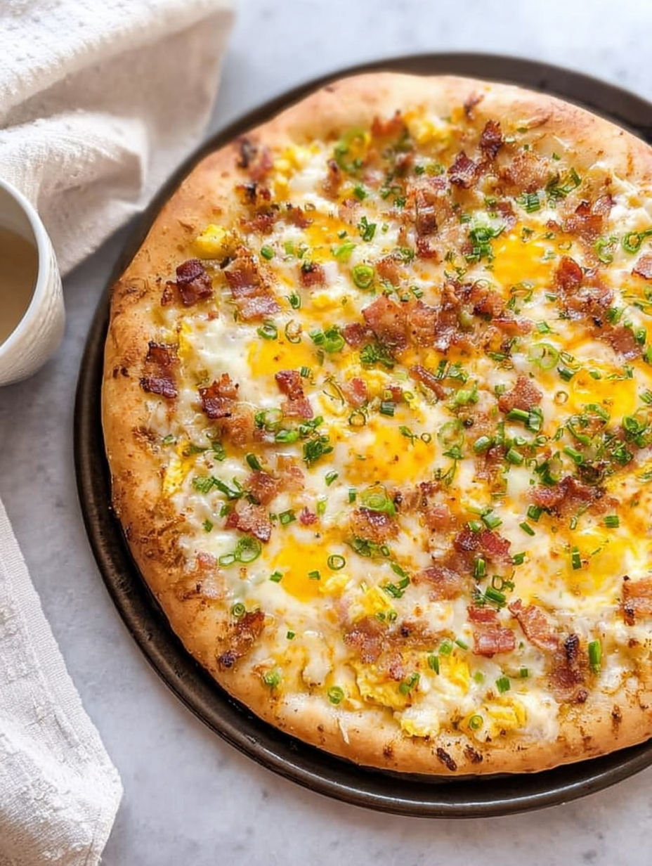 A breakfast pizza with bacon and eggs.