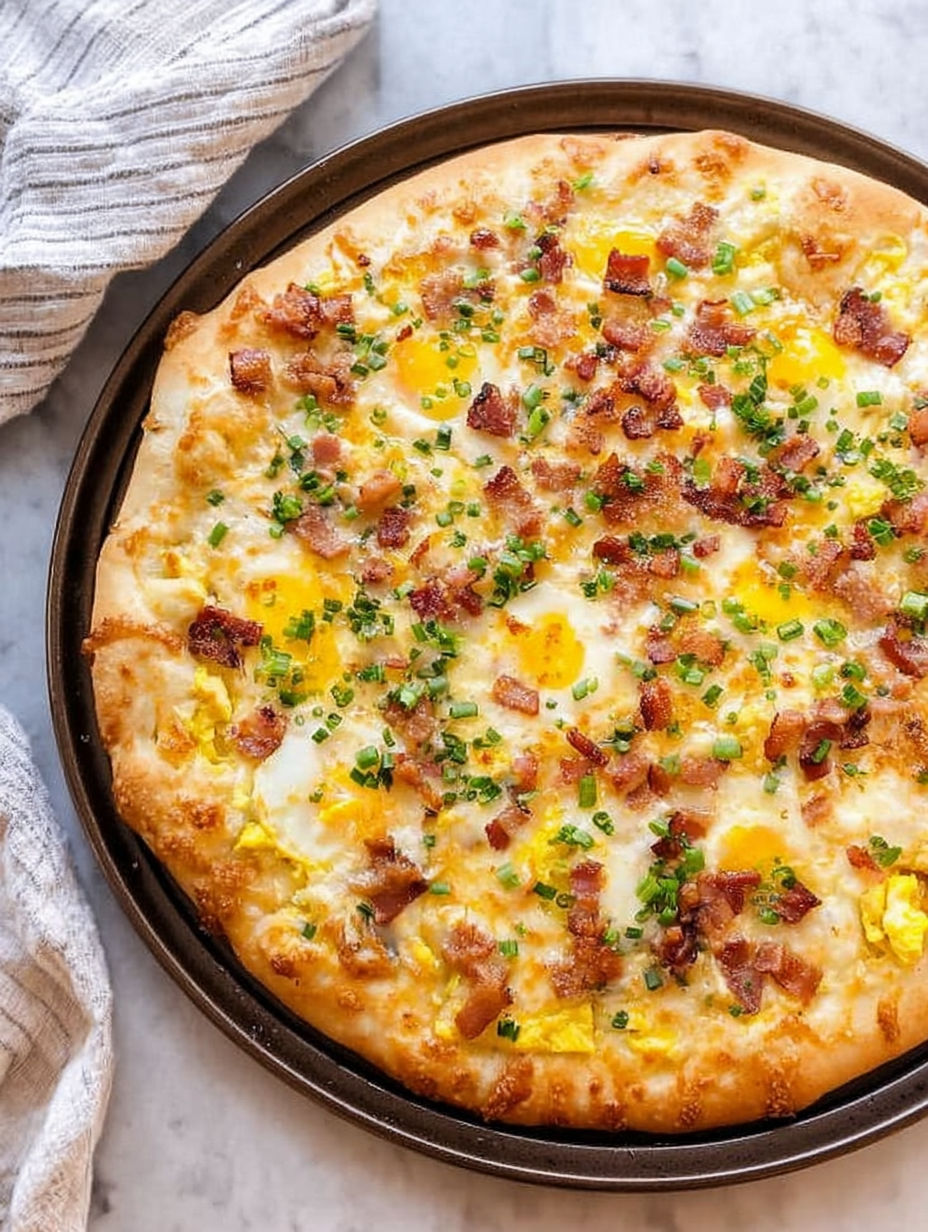 A breakfast pizza with bacon and eggs.