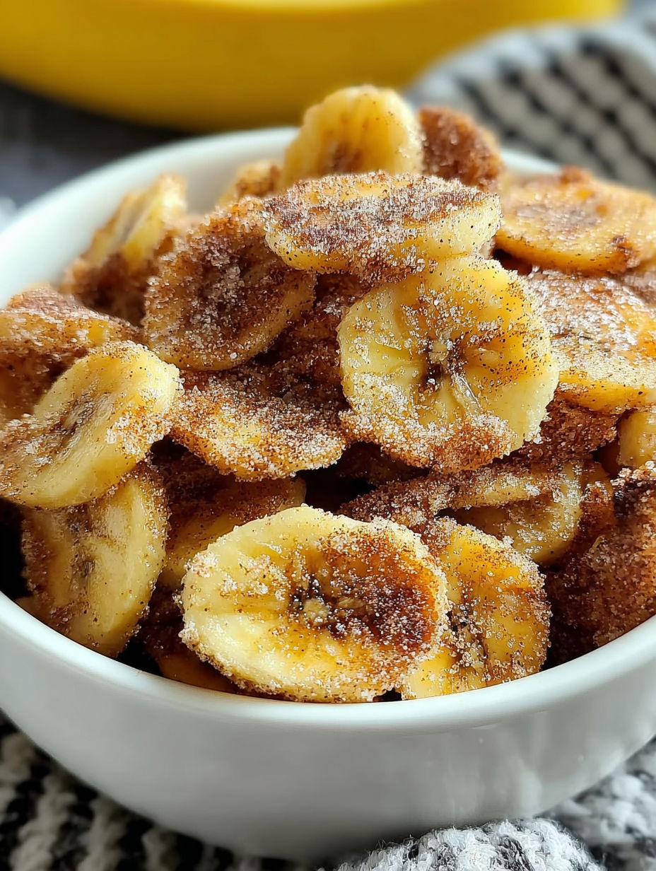A bowl of cinnamon sugar air fryer banana chips.