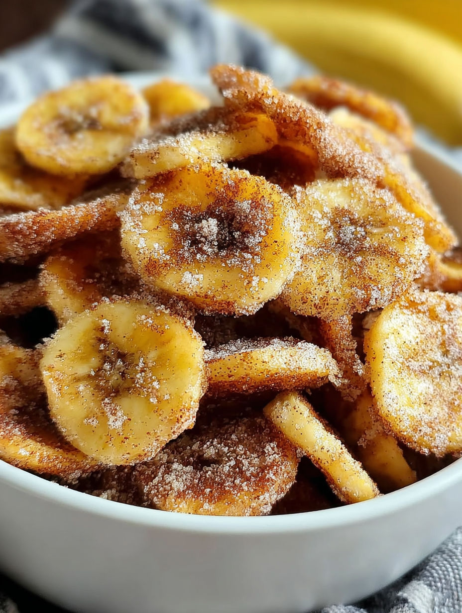 A bowl of cinnamon-sugar air fryer banana chips.