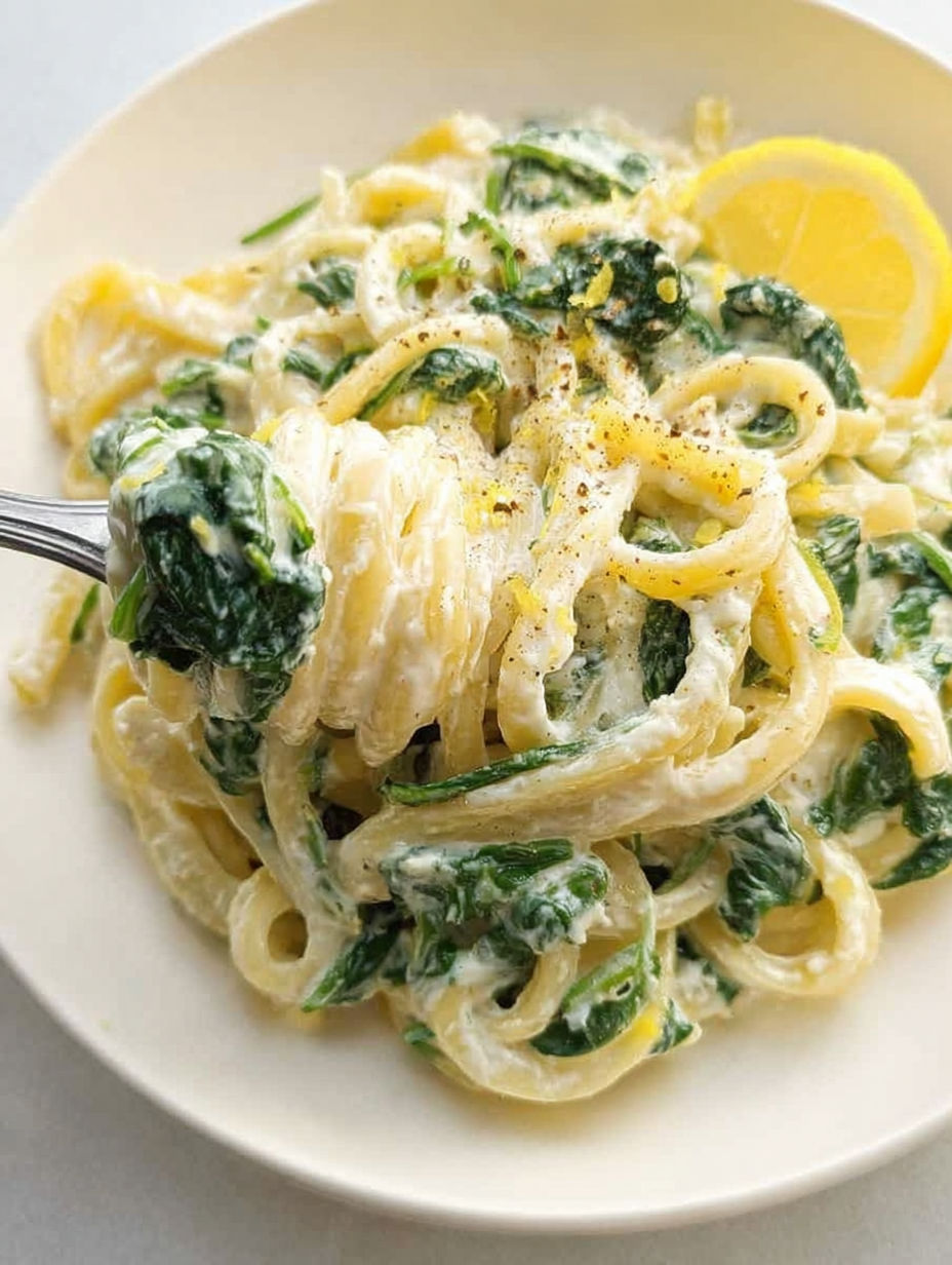 A plate of pasta with spinach and lemon.