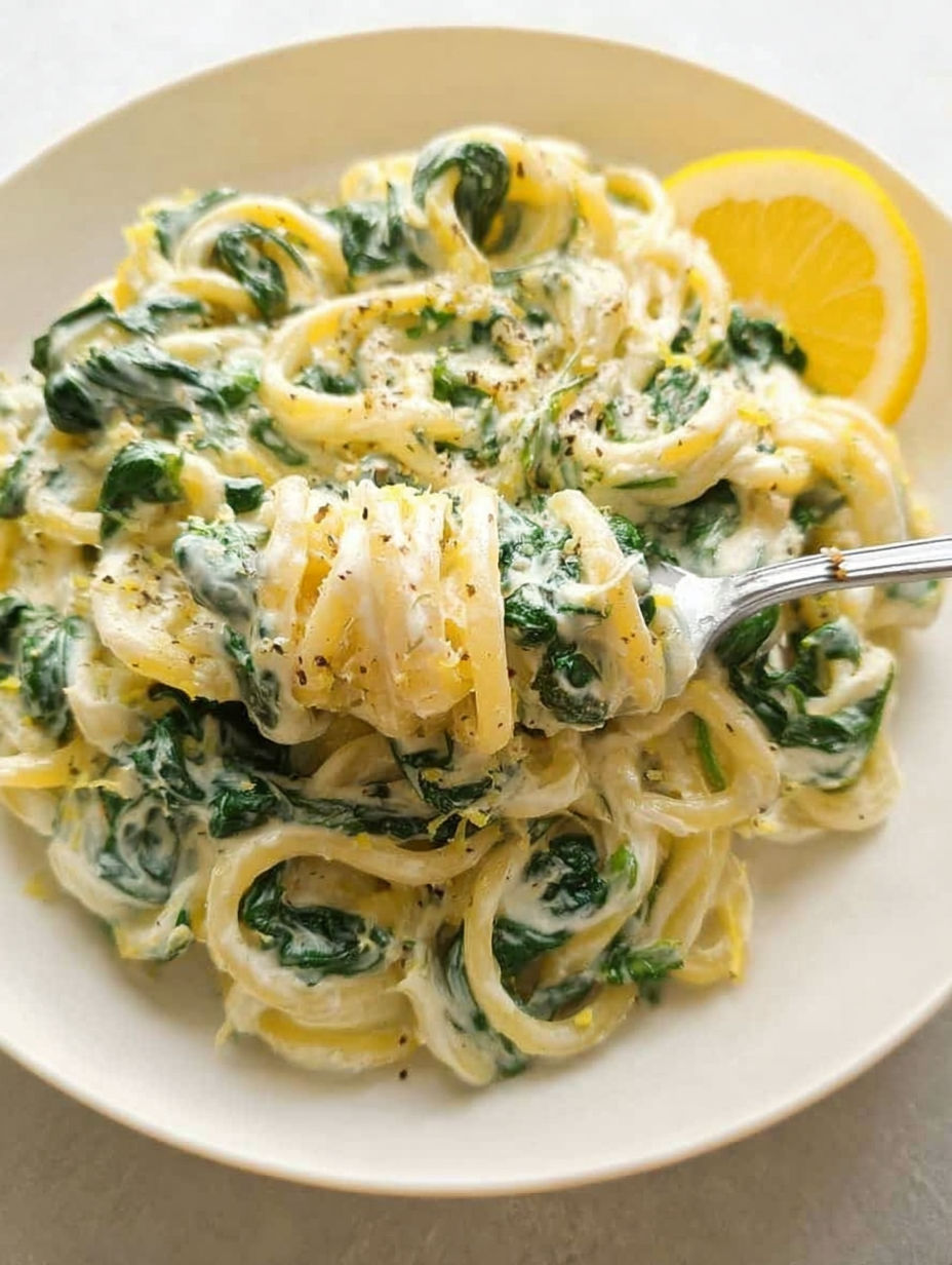 A plate of pasta with spinach and lemon.
