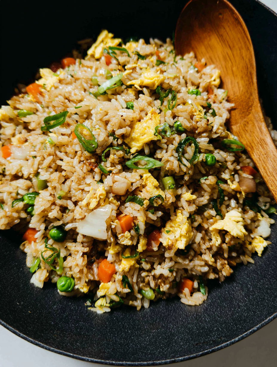 A bowl of rice with vegetables and eggs.