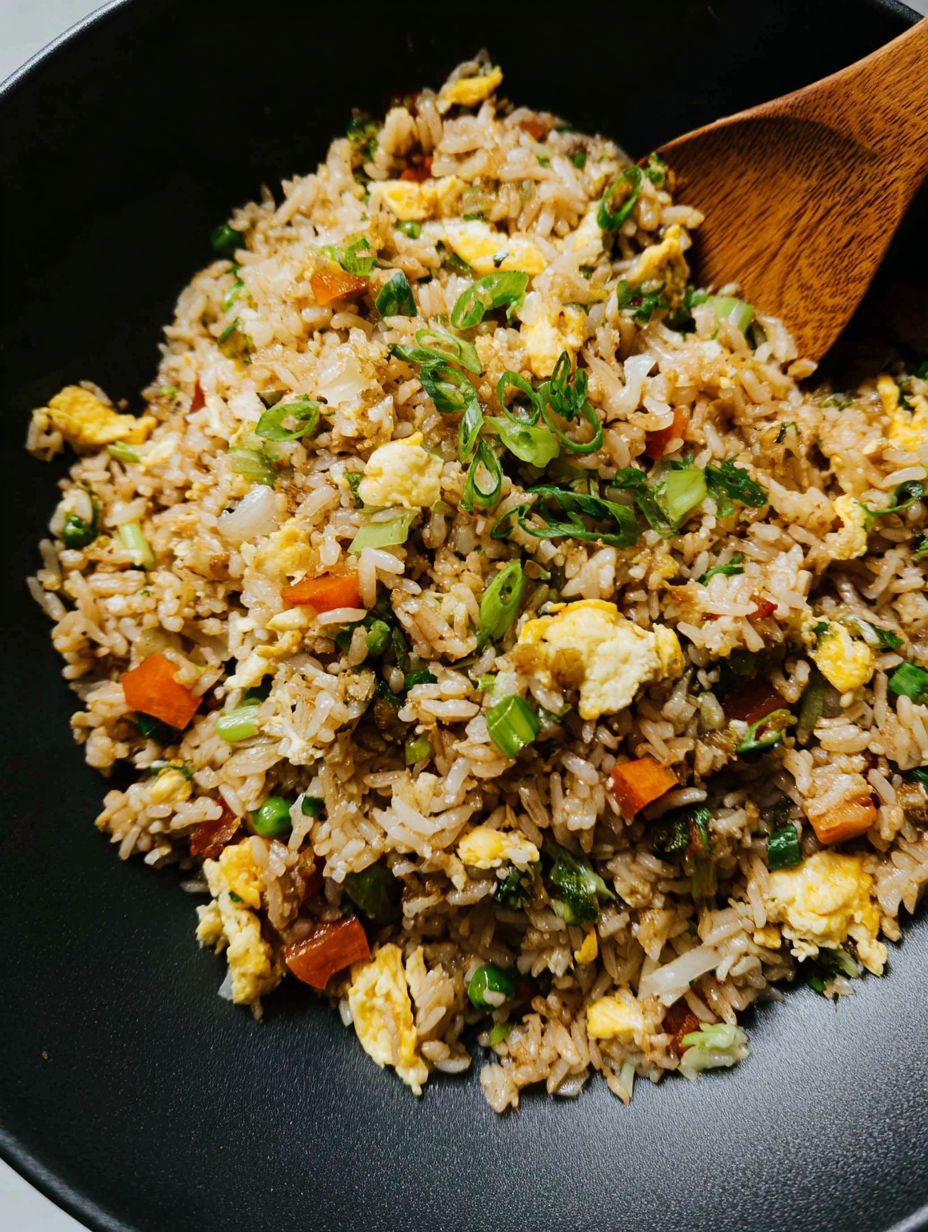A bowl of rice with eggs and vegetables.