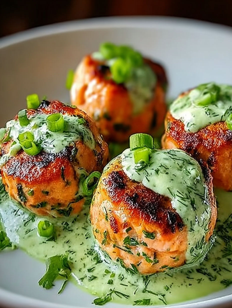 Salmon balls with creamy avocado sauce.