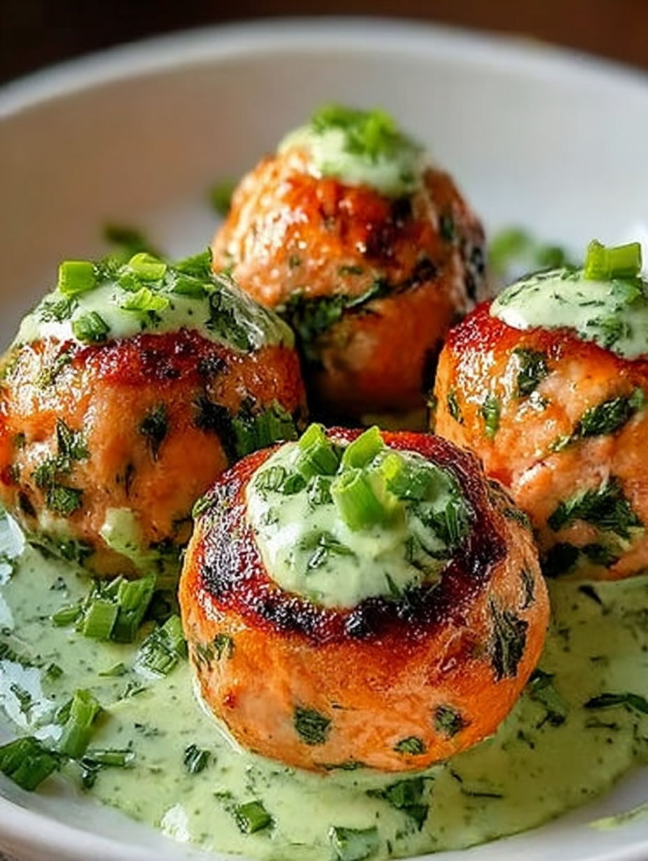 Salmon balls with creamy avocado sauce.