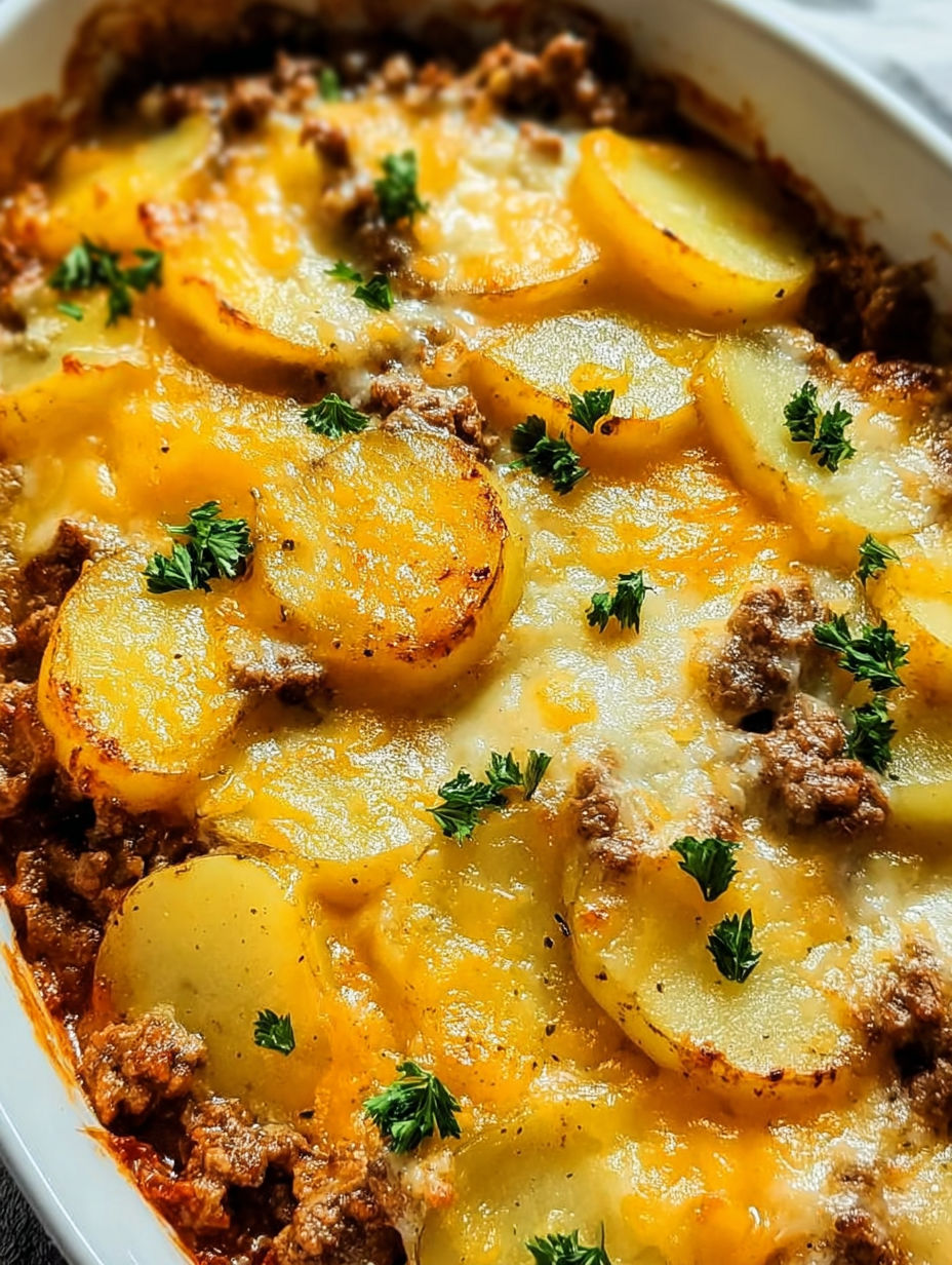 A close up of a delicious hobo casserole with ground beef and potatoes.