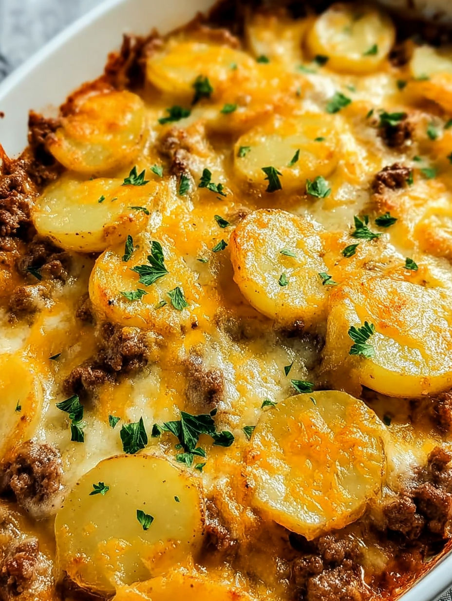 A close up of a hobo casserole with ground beef and potatoes.