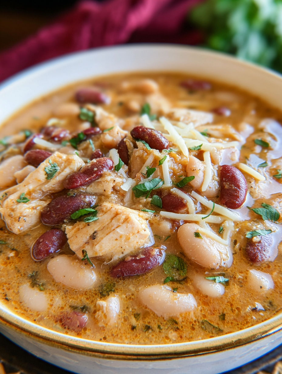 A bowl of Cajun White Chicken Chili.