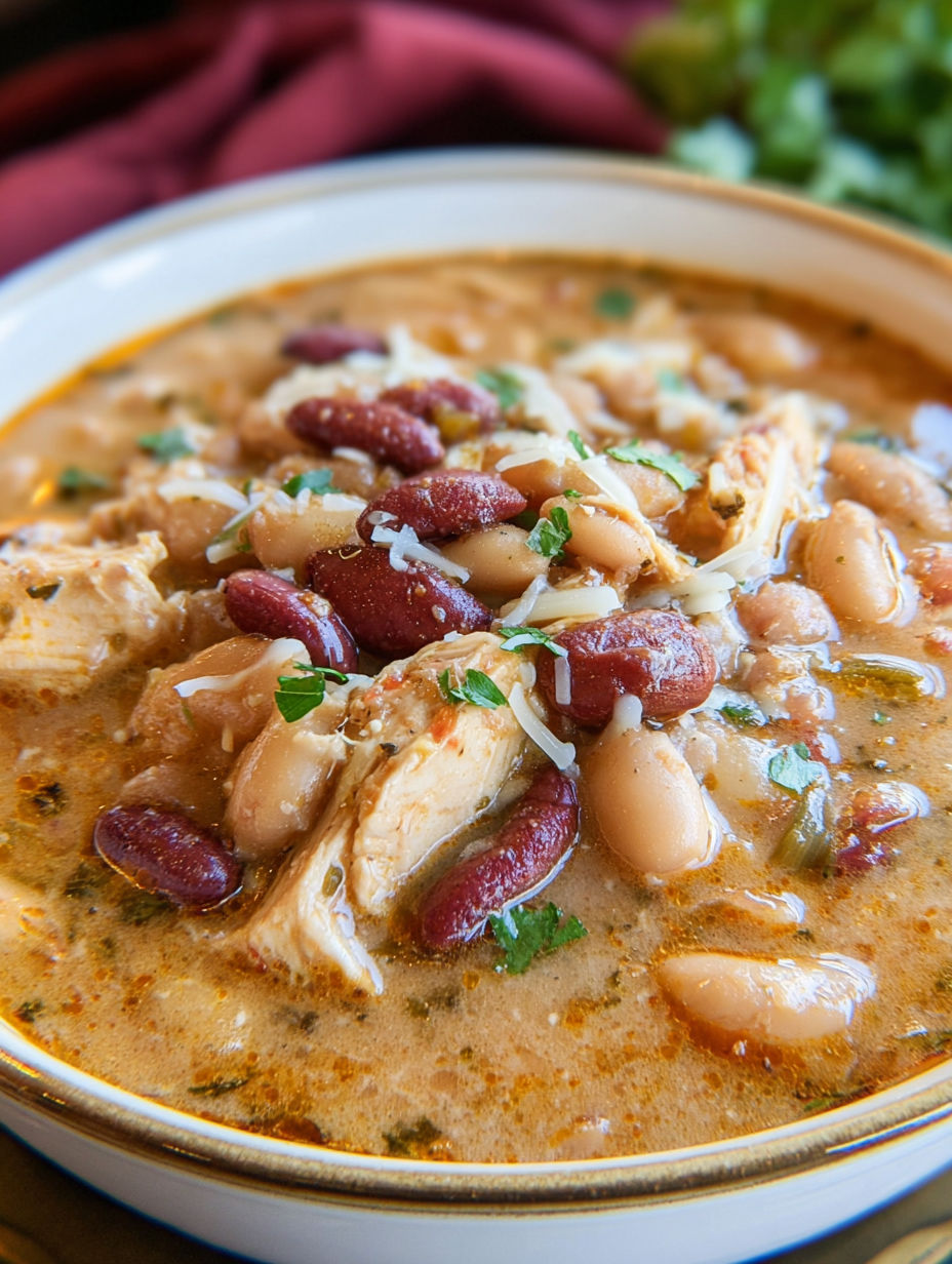 A bowl of Cajun White Chicken Chili.
