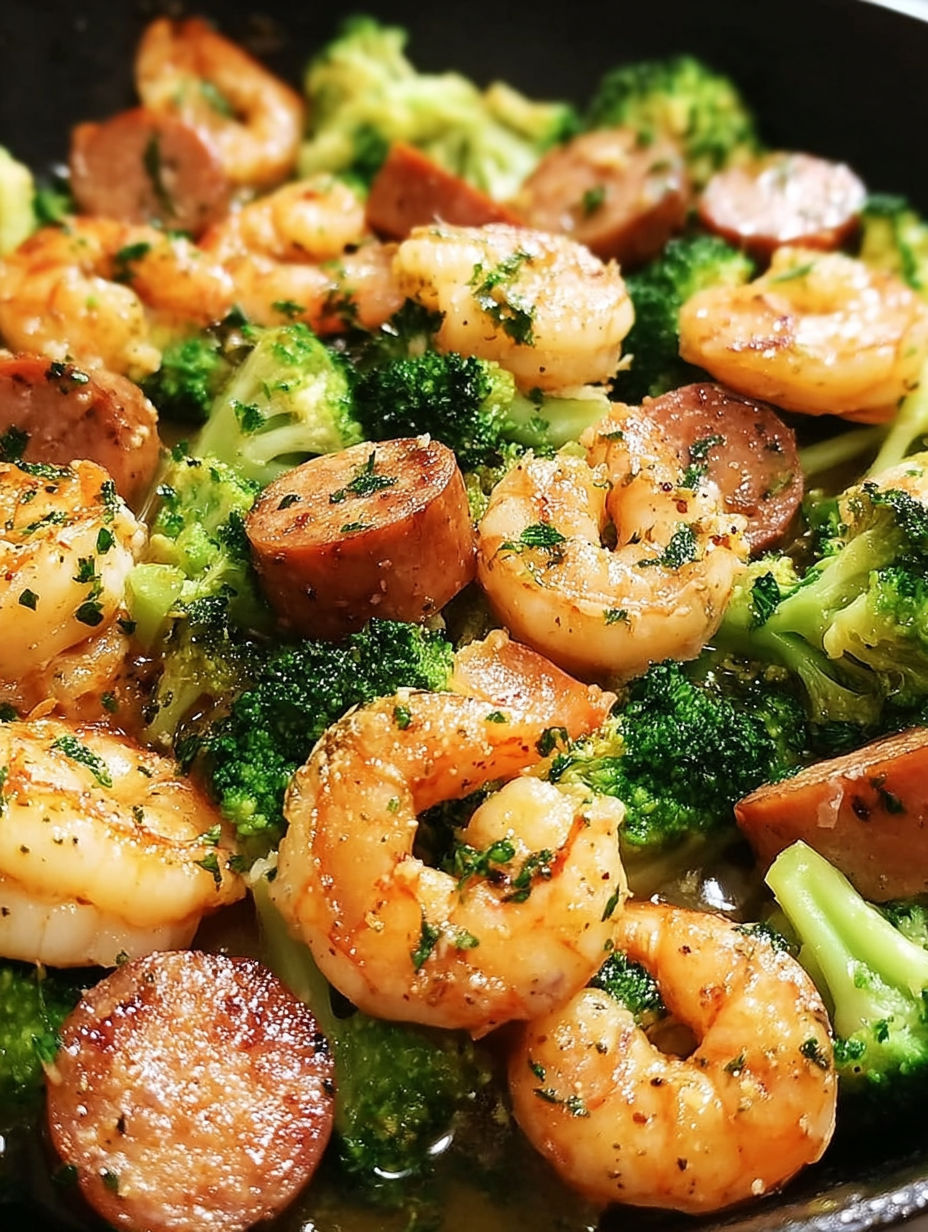 A plate of shrimp, sausage, and broccoli.