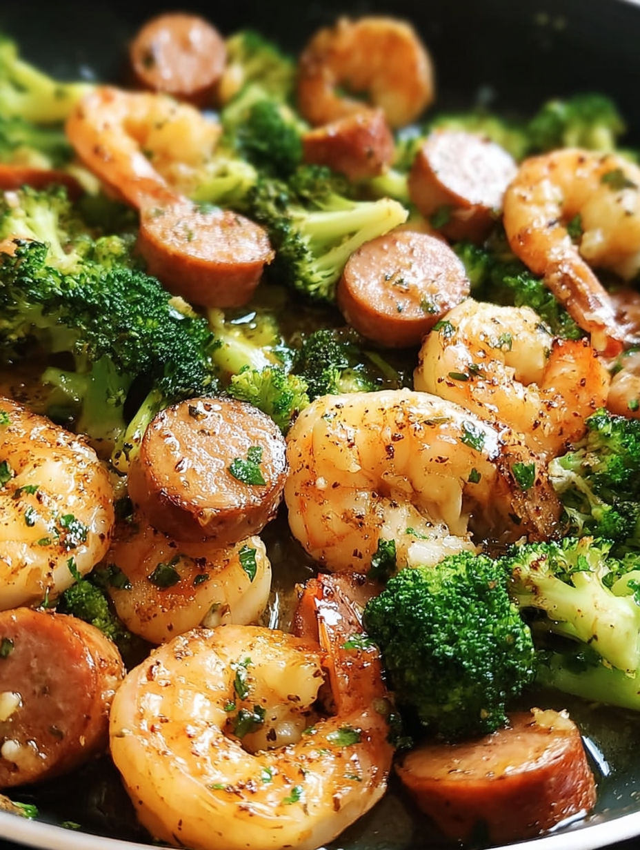 A dish of garlic butter shrimp, sausage, and broccoli.