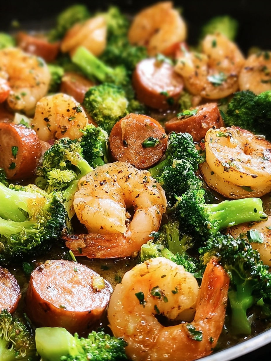 A dish of garlic butter shrimp, sausage, and broccoli.