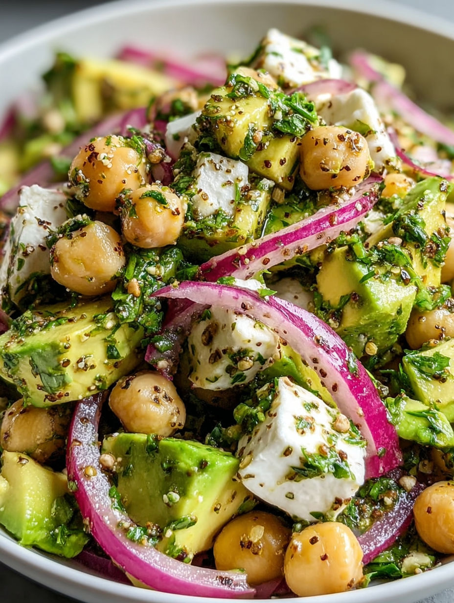 A salad with chickpeas, feta cheese, avocado, and onions.