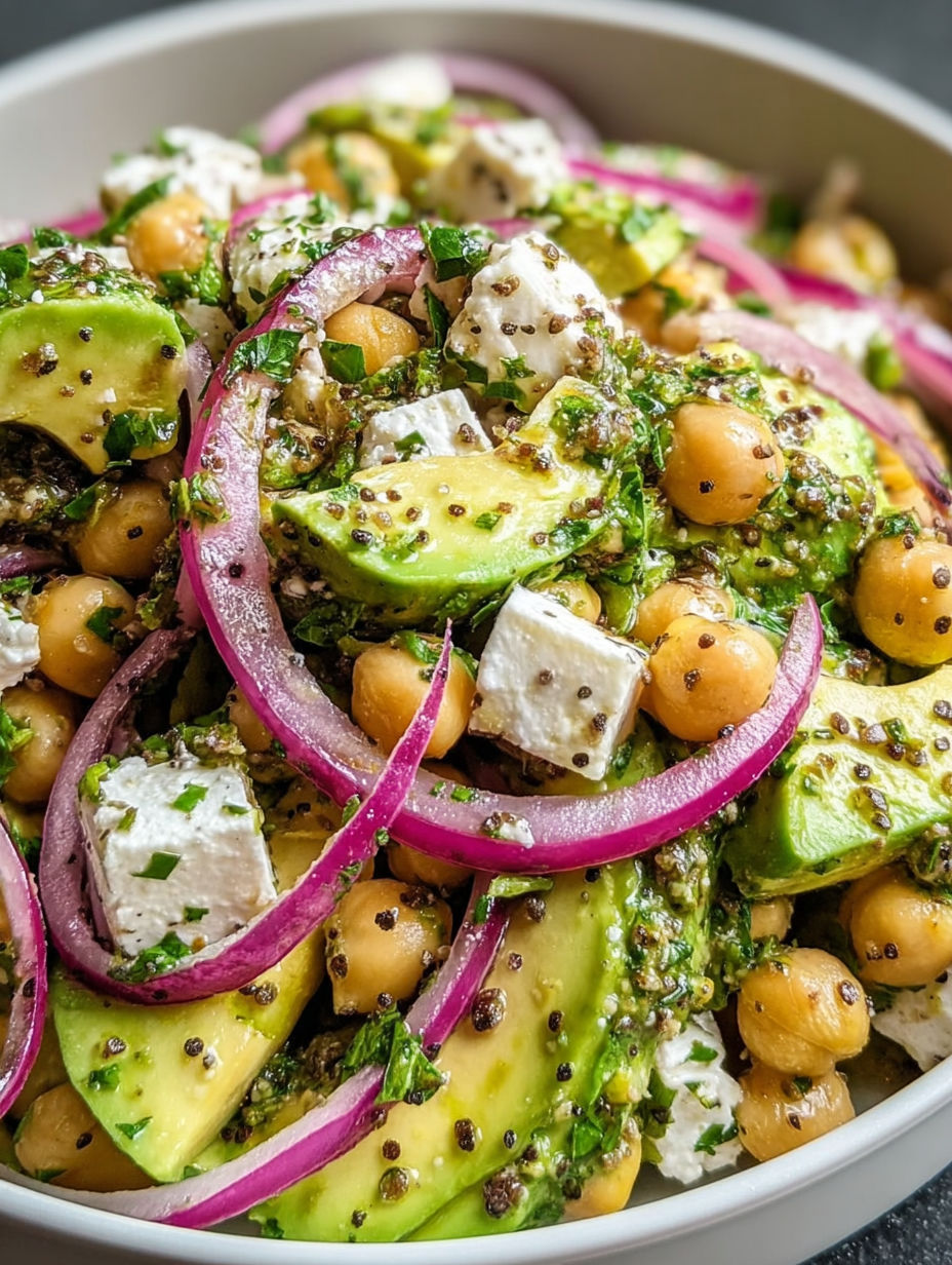 A salad made with chickpeas, feta cheese, avocado, and onions.